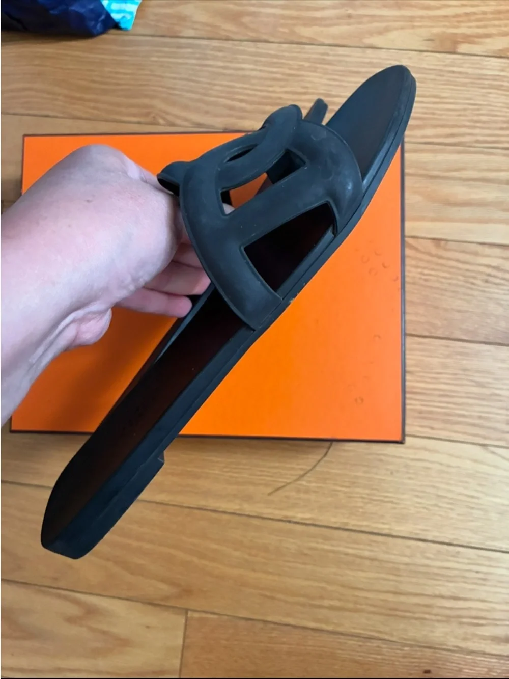 Hermes Black Leather Oran-Style Slide Sandals